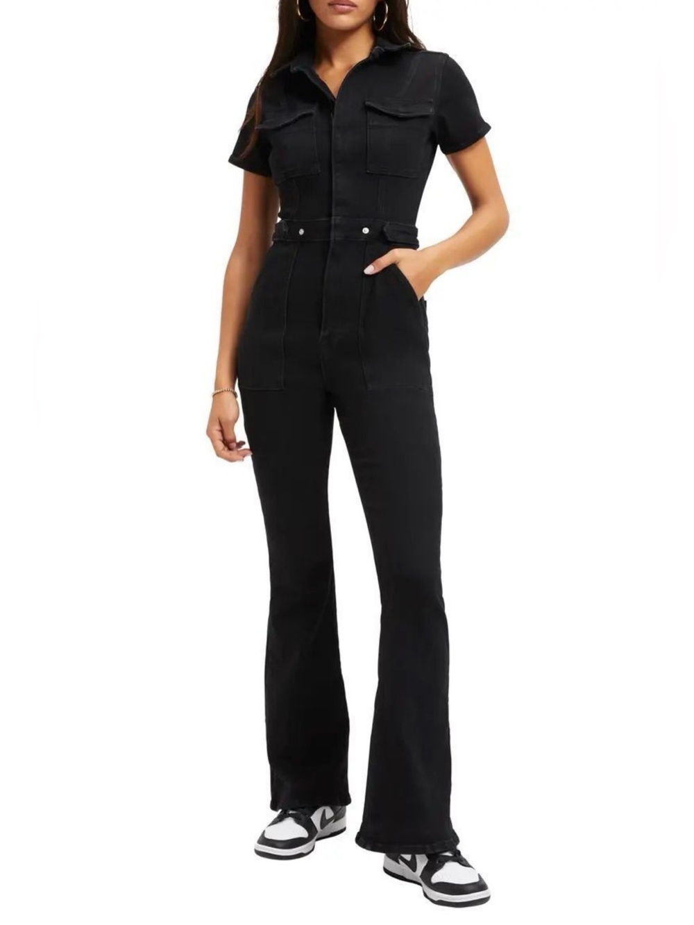 Good American Black Denim Short-Sleeve Jumpsuit